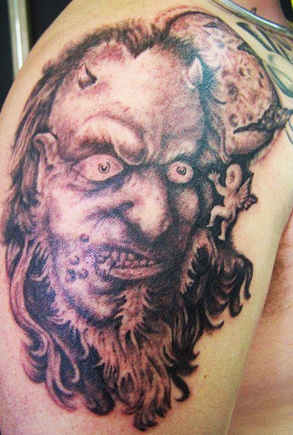 West Coast Tattoos' (no outline) Black & Grey work by Blan. Demon face.