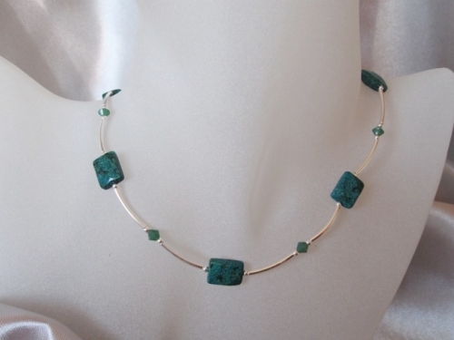 Green Chrysocolla Jasper, Swarovski Crystals & Sterling Silver Necklace - SSN0175