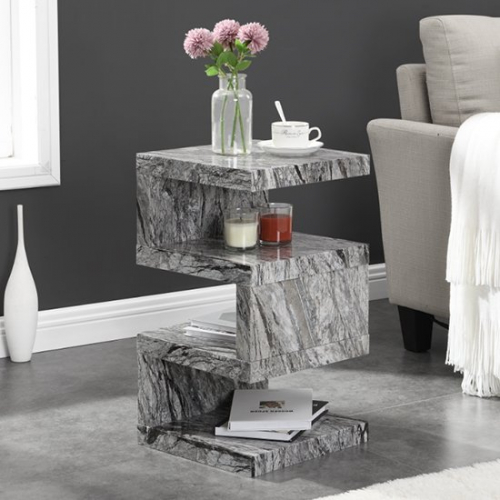 Trio Modern High Gloss Side Table In Melange Marble Effect