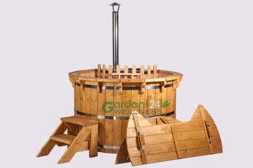 Deluxe wooden hot tub from spruce wood with internal wood fired heater, wooden stairs and cover - GardenWellness24