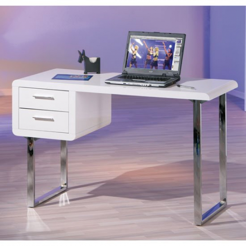 Carlo Computer Desk In High Gloss White With Chrome Legs