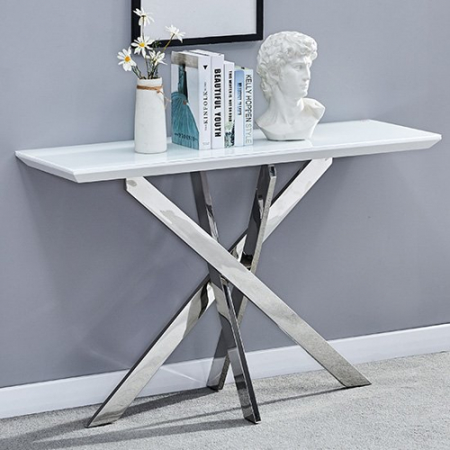 Petra Glass Top Console Table In White High Gloss And Chrome Leg