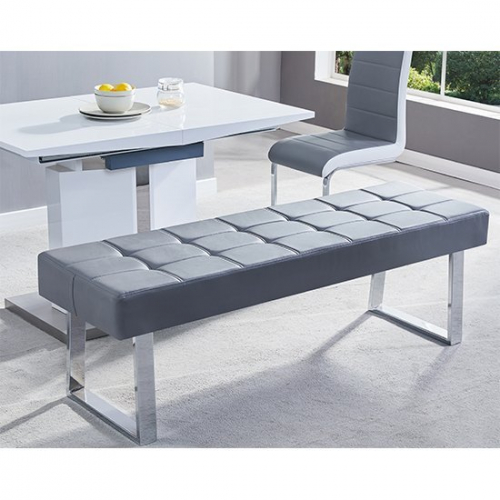 Austin Dining Bench Large In Grey Faux Leather With Chrome Base