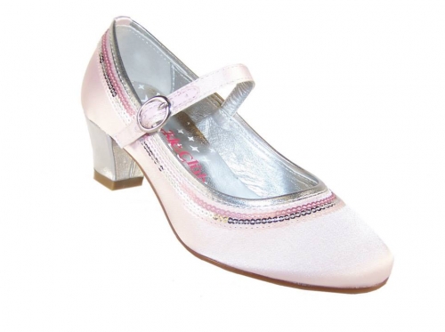 Girls pale pink satin special occasion shoes, available in sizes10 up to 3