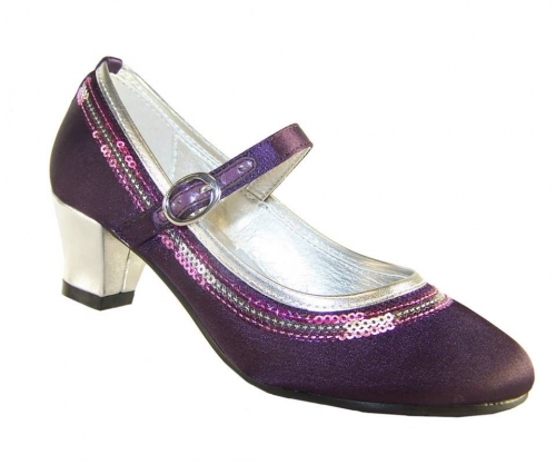Girls purple satin special occasion shoes, available in sizes 10 up to 3