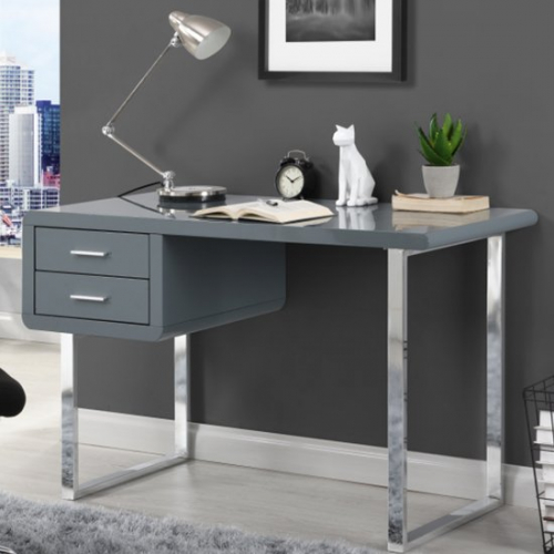 Carlo Computer Desk In High Gloss Grey With Chrome Legs