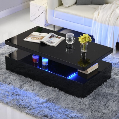Quinton Glass Coffee Table In Black High Gloss With LED