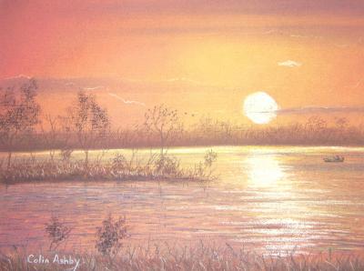 Sunset on water in pastel