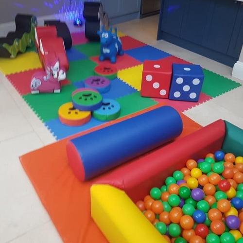 An at home service offering colourful soft play matting with a selection of age appropriate soft play equipment. Disco Floor Light Also Included!