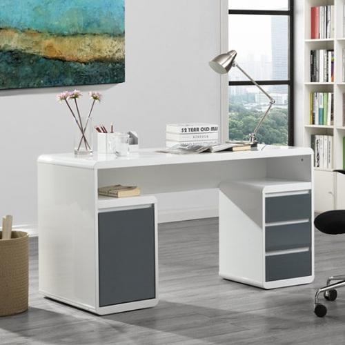 Florentine White Gloss Storage Computer Desk With Grey Drawers