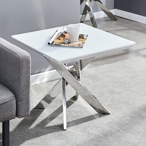 Petra Glass Top Lamp Table In White High Gloss And Chrome Legs