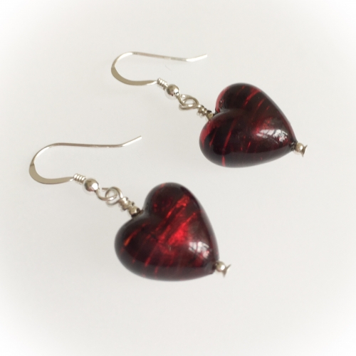 Darkest Ruby Murano Heart Glass Earrings