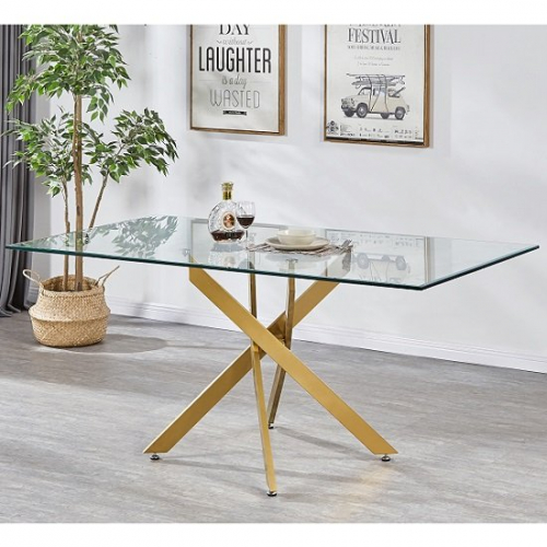Daytona Clear Glass Large Dining Table With Brushed Gold Base